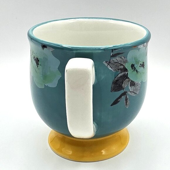 Pioneer Woman Flea Market Floral Turquoise Yellow Footed Stoneware Coffee Mug - Picture 2 of 9